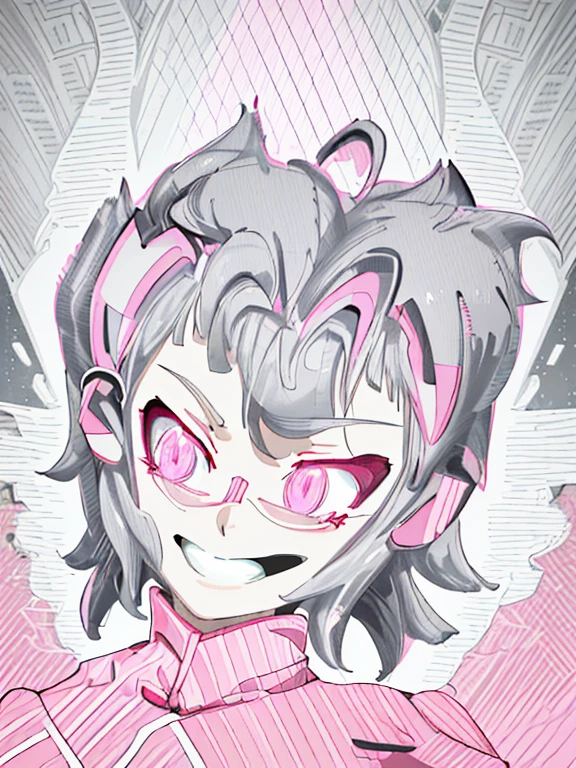 Gray hair, Pink clothes, Expression smile, projected inset, projected inset, three sided view, Eye-Level Shot, anime style, best quality, retina
