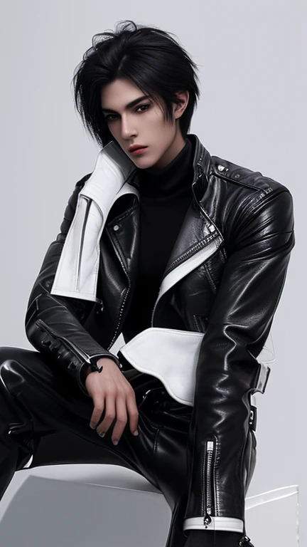 Final Fantasy-style graphics, young, Cute and cool Japanese boys, Thin eyebrows and big eyes, He is wearing a shiny white single-breasted leather jacket....。Biker style leather jacket、 with epaulettes, The jacket is zipped up, The jacket pockets are black., The jacket has a high stand-up collar with a belt, Also wearing a black turtleneck, black leather pants, Thin black leather gloves on both hands, Black leather knee-high lace-up boots, Show me your whole body from head to toe, Final Fantasy Style、((good looking))、((good looking))、((Clear eyes and nose))、((Shiny white single leather jacket))、((The jacket must be white))、((The jacket has epaulettes))、((Jacket has a high stand-up collar and belt))、((The jacket has a black pocket))、((Black turtleneck shirt))、((black leather pants))、((Shiny black leather gloves on both hands))、((Black lace-up leather long boots))、((View full-body images from a distance))、Realistic image quality and texture、In a small cell、close your eyes、A kind smile、((The jacket is closed with a zipper))、((No exposed skin below the neck))、((Round face)、((Short Hairstyleedium build))、