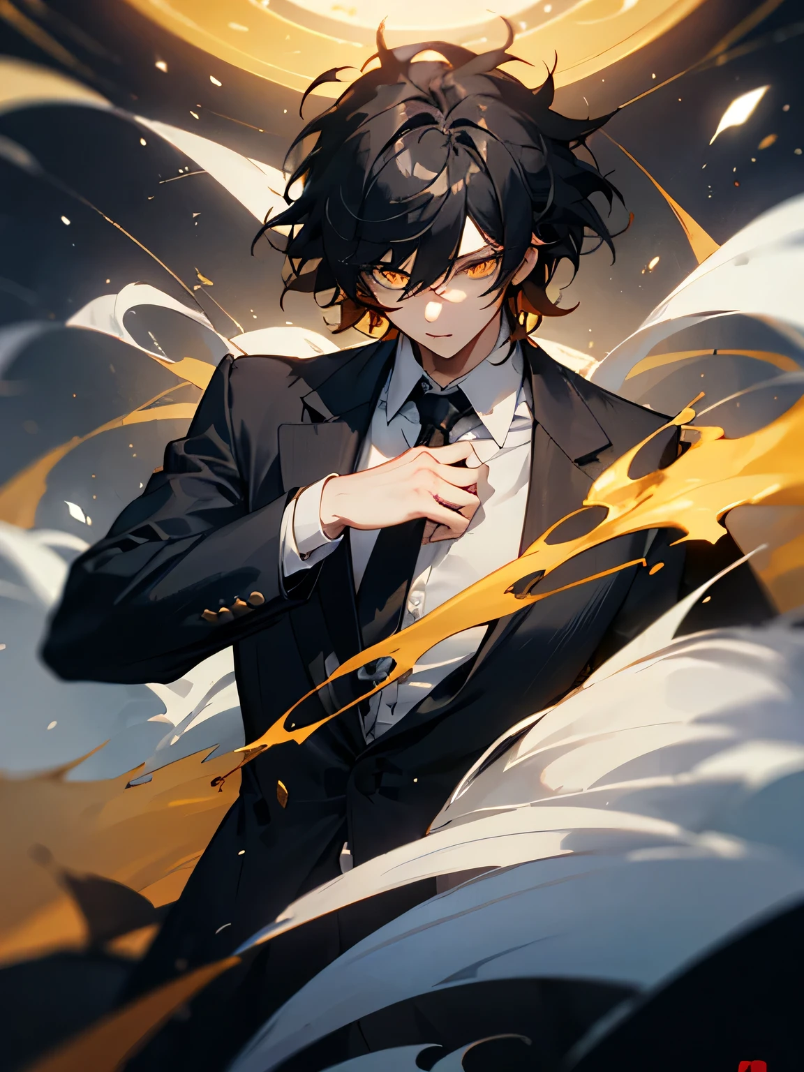 Adult male、Golden Eyes、Shining Eyes、Black Hair、Medium Hair、Messy Hair、Black suit、Dress shirt、Wizard、Handsome、1 person、Amber's Eyes、universe、devil、eye power、fool、kind、Silent、breast enhancement