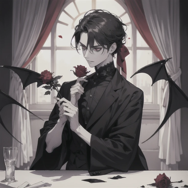 masterpiece, highest quality, male1people, adult, expensive, thin, we say, vampire, Holding a withered rose, petal, anime, monochrome, thin line, luxury