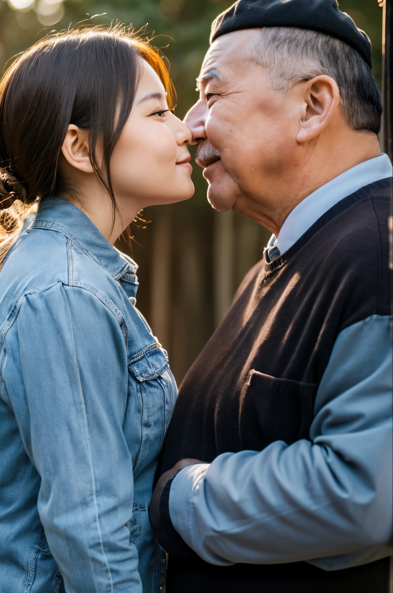 Grandpa is standing next to a beautiful sexy young woman, he hugs her and kisses her. They are happy