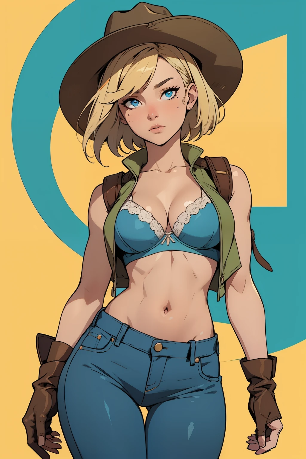 vibrant color, saturated color, colorful, 1girl, cowboy hat, beautiful face, white bra, green vest, no sleeve, navel, blue jeans, brown boots, fingerless gloves, short hair, blonde hair, parted bangs, blue eyes, mole under right eye, American old west, best quality, masterpiece, sensual but confident pose, thigh gap, wild west, sunny background, 