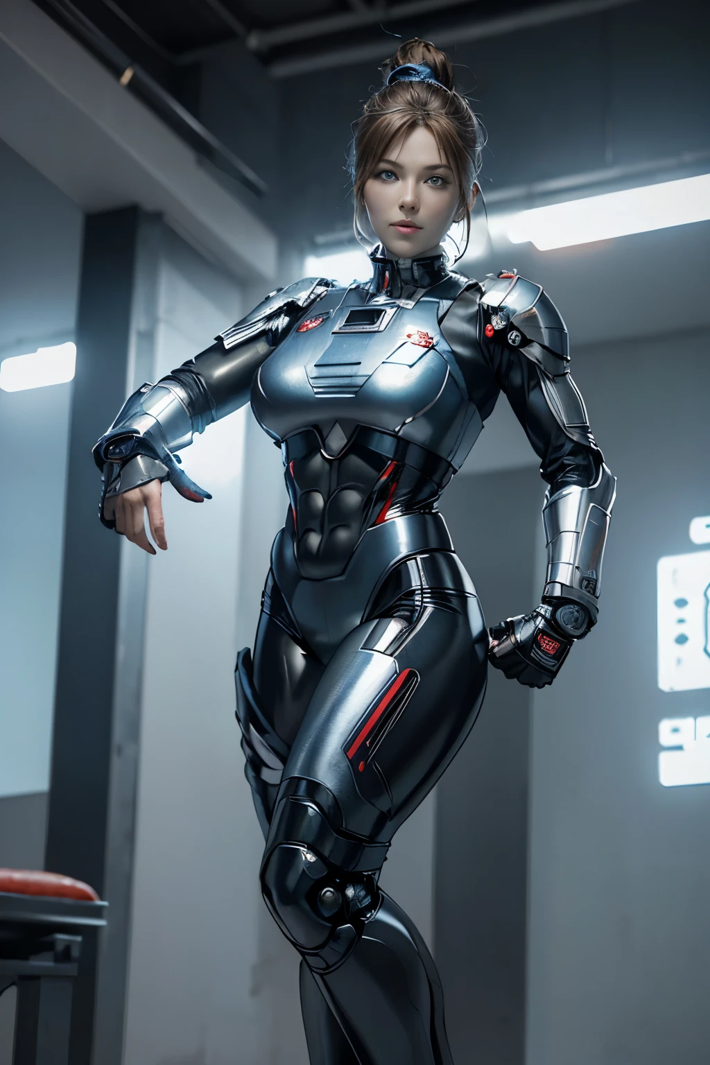 ((Russian People's Robocop - S2:1.1)), ultra-realistic, (masterpiece:1.3), (detailed:1.4), (photorealistic:1.5), Cybernetic Russian soldier, Metallic armor, Exposed mechanical joints, Steely expression, Red star emblem, Increased muscle definition, Military-grade weapons, Glowing blue energy lines, HDR lighting, Ray tracing, NVIDIA RTX, Hyper-Resolution, Unreal 5, sub-surface Scattering, PBR Texturing, post-processed, Anisotropy Filtering, depth of fields, Maximum clarity and sharpness, third