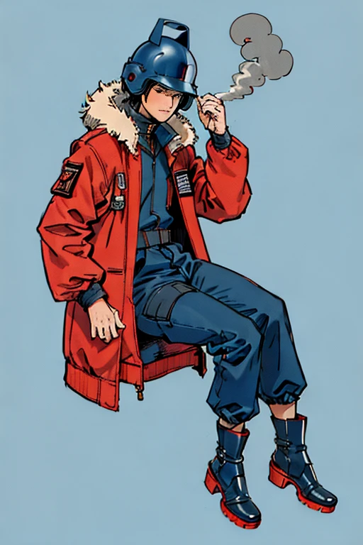 full body image, (ultra detailed,ultra high res,detailed background),((2D)),((flat color)),((muted color)), 1solo, looking at viewer, baggy flight suit, large fur collared bomber jacket, (big red galoshes), plush collar, full body image, square helmet, ((smokey blue background)), ((apocalyptic city)), entire body in frame, 