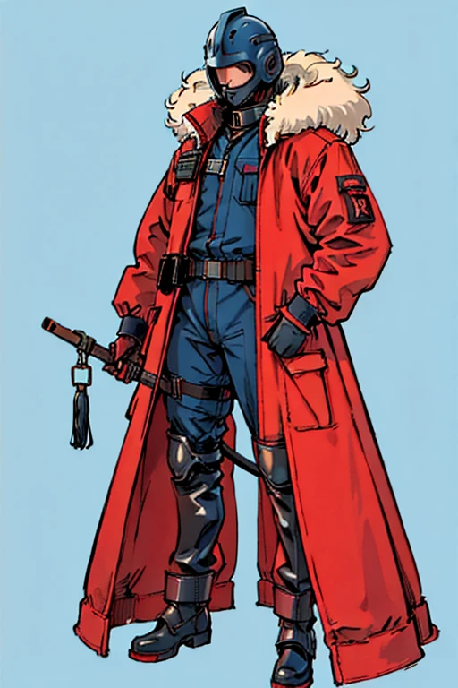 full body image, (ultra detailed,ultra high res,detailed background),((2D)),((flat color)),((muted color)), 1solo, looking at viewer, baggy flight suit, large fur collared bomber jacket, (big red galoshes), plush collar, full body image, square helmet, ((smokey blue background)), ((apocalyptic city)), entire body in frame, 