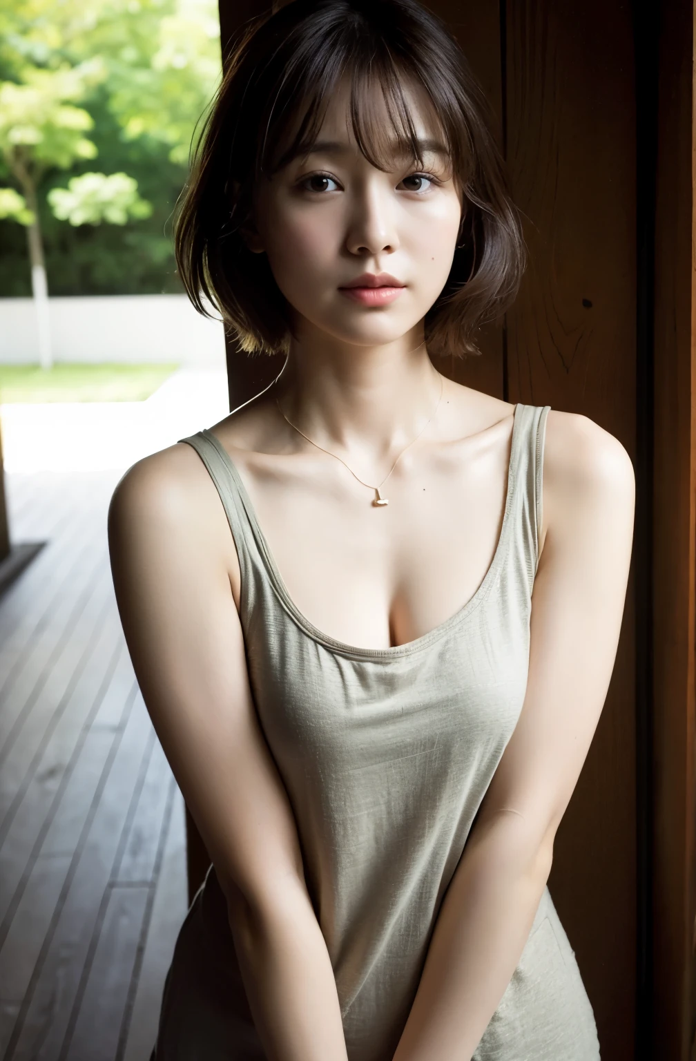 ((8K)、top-quality、masterpiece、超A high resolution:1.2)Photo Beautiful Japan woman(pleasing:1.1) Elegance、There is a good、Transparent atmosphere、Beautiful face、Gradient lighting、1girl in、Delicate skin、Brown-eyed、(short hair with bangs:1.2)、(breasts are large:1.0)、(medium areola:0.8)、(realisitic:1.4)、(top-quality:1.0)、(超A high resolution:1.0)、8K、Raw photography、(masterpiece:0.2)、(pureerosface_v1:0.5)、Tank top dress、white, Tight、Round Neck、Linen and cotton、Salopette、Thin shoulder straps、barechested、cotton clothes、no sleeves、Sleeveless、Hokkaido、Shiretoko、The morning sun is dazzling、subject、Lean、Ass big、a large bust、Kinda chubby、Bangs shed to the side、big butts、neat and well-groomed hairstyle、Bring your chest together、Feelouth slightly open、Brown clothes、Angle from the side、a necklace、Ass big、Futomo、