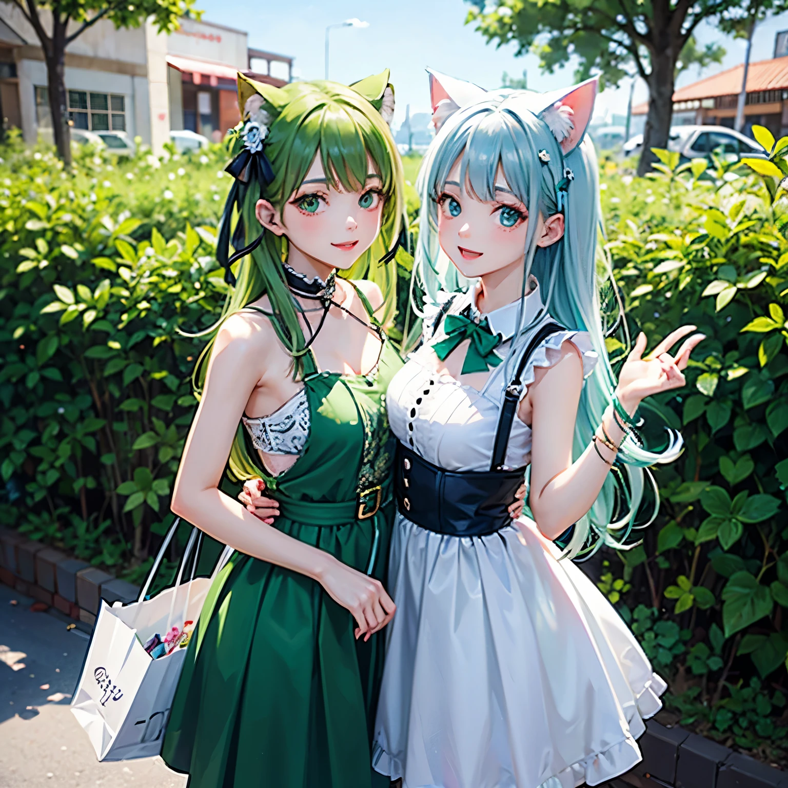 shopping、background super、Cat ears with a pale green ribbon、Pale green hair、pale green eyes、Pale green clothes、smile