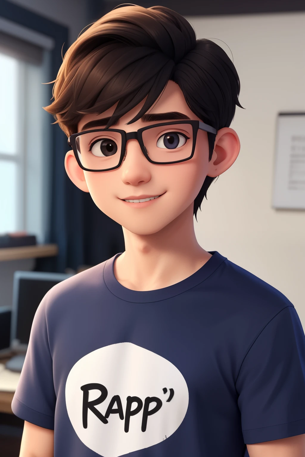Raden Rapp's name is written on the shirt of a handsome man wearing glasses