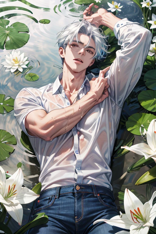 (absurdres, highres, ultra detailed), 1 male, handsome, tall muscular guy, mature, (The pond is filled with  white lily flowers), A man lying on back comfortably in it, from directly above, (white shirt, jeans), wet, colorful, artistic, depth of field, focus on his calm facial features