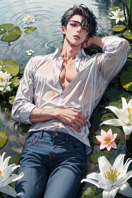 (absurdres, highres, ultra detailed), 1 male, handsome, tall muscular guy, mature, (The pond is filled with white lily flowers), A man lying on back comfortably in it, from directly above, (white shirt, jeans), wet, colorful, artistic, depth of field, focus on his calm facial features