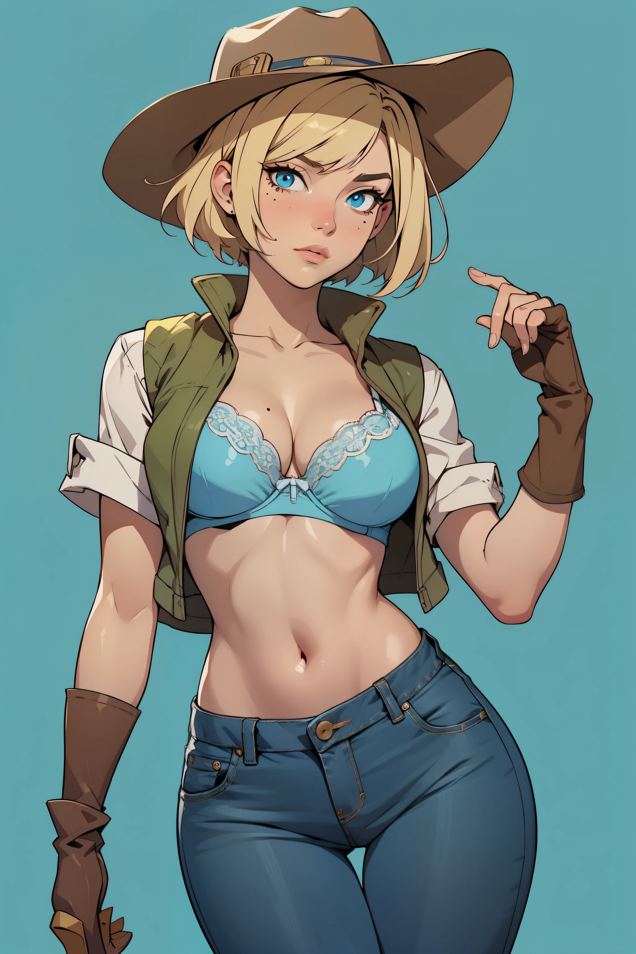 vibrant color, saturated color, colorful, 1girl, cowboy hat, beautiful face, white bra, green vest, no sleeve, navel, blue jeans, brown boots, fingerless gloves, short hair, blonde hair, parted bangs, blue eyes, mole under right eye, American old west, best quality, masterpiece, sensual but confident pose, thigh gap, wild west, sunny background,