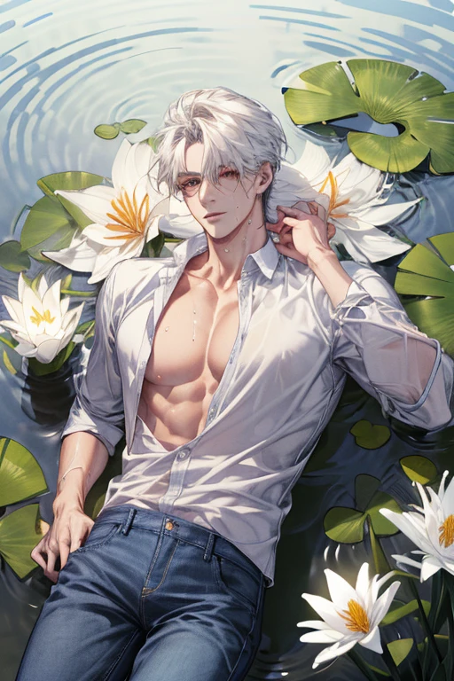 (absurdres, highres, ultra detailed), 1 male, handsome, tall muscular guy, mature, (The pond is filled with  white lily flowers), A man lying on back comfortably in it, from directly above, (white shirt, jeans), wet, colorful, artistic, depth of field, focus on his calm facial features