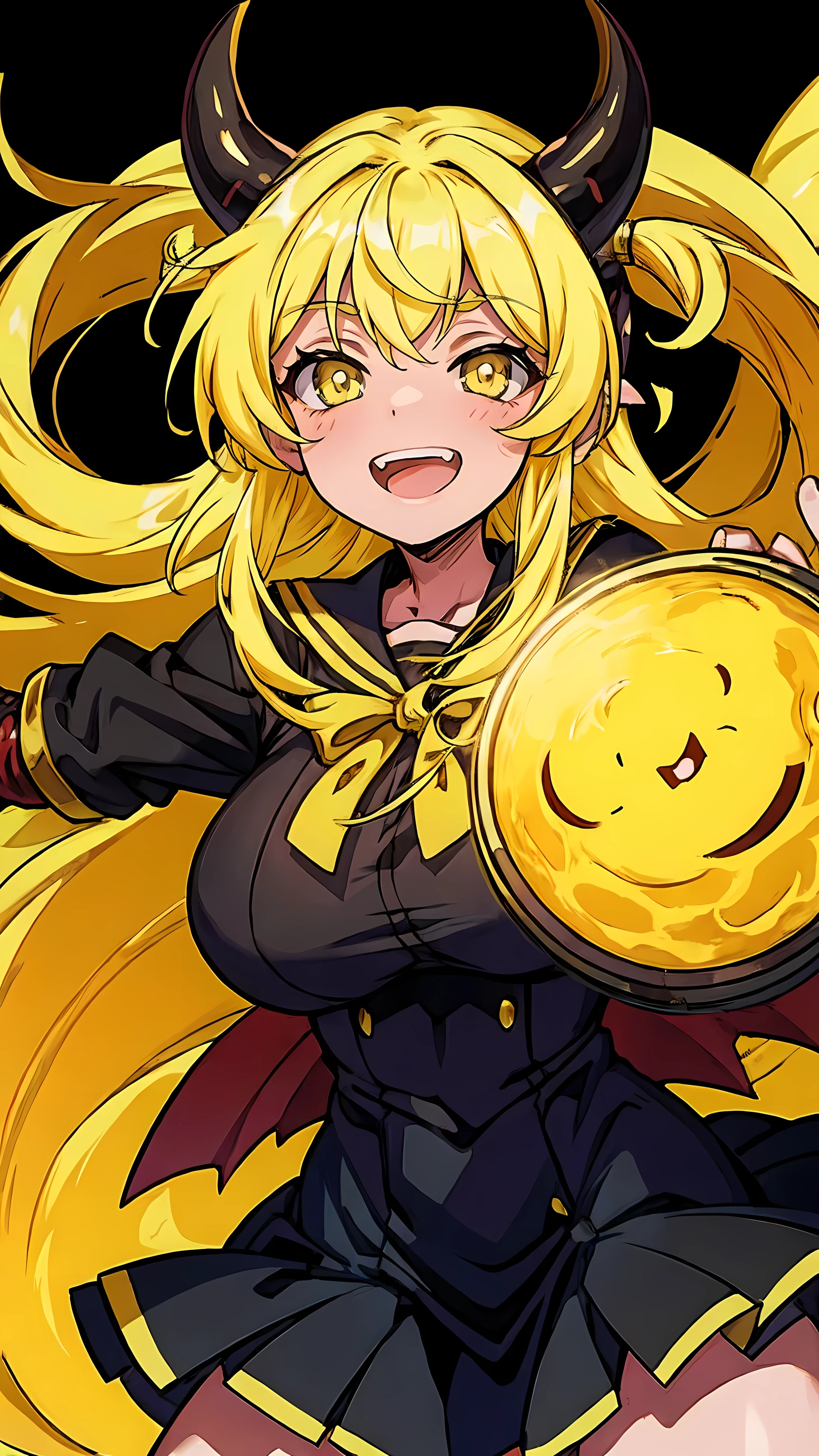 anime girl with yellow hair with demon horns with happy and friendly face with big tits black background 8k quality, no noise, very detailed