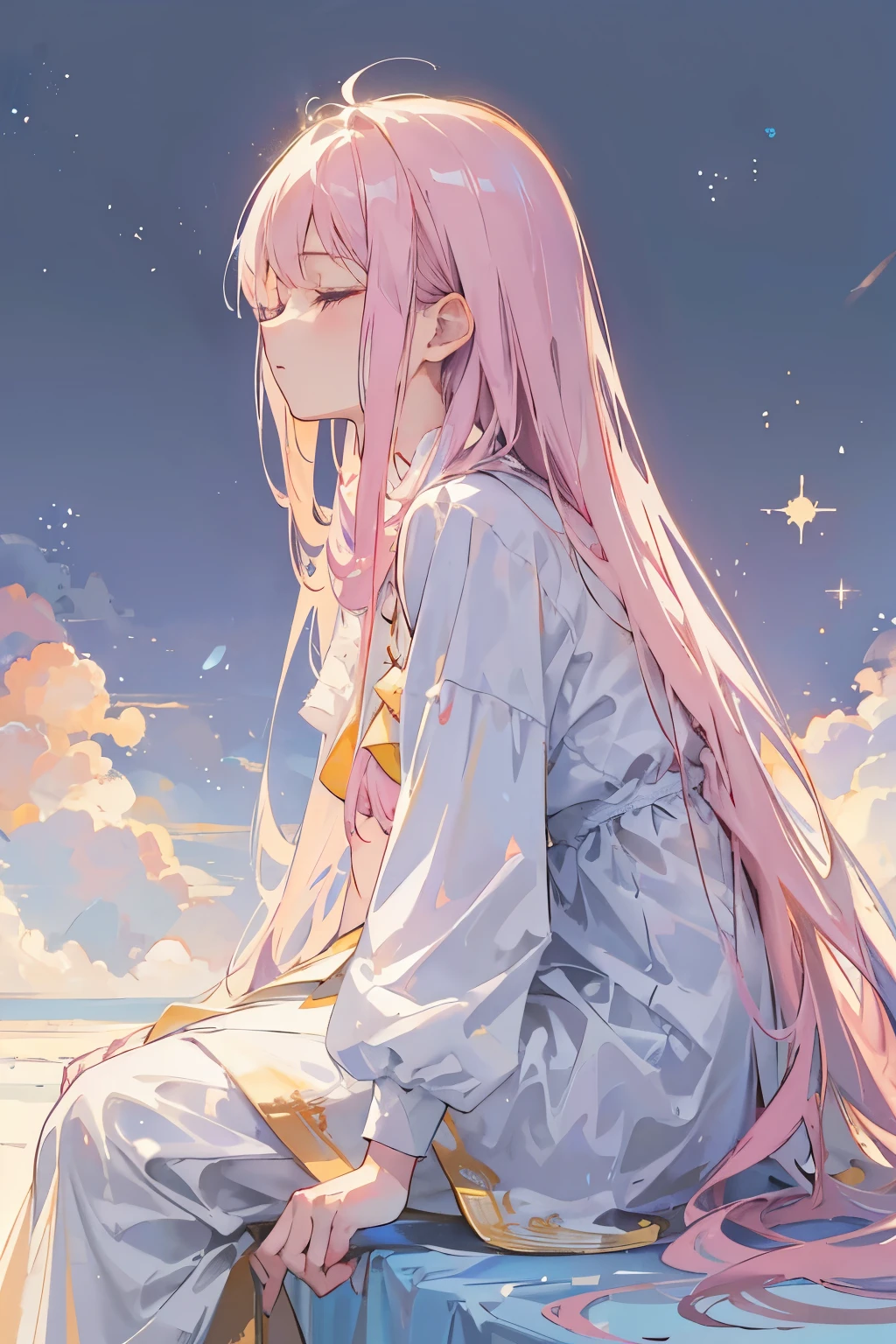 A young girl with soft, flowing hair, wearing white, flowing, long clothes, no accessories, in a side profile view, sitting on a fluffy cloud. The artwork should have soft, pastel colors mixing blue, yellow, and pink. The image should have the best quality, be ultra-detailed, realistic, and photorealistic. The art style should focus on portraits. The lighting should create a gentle, dreamy atmosphere.The girl should close her eyes and hold a bright glowing star.