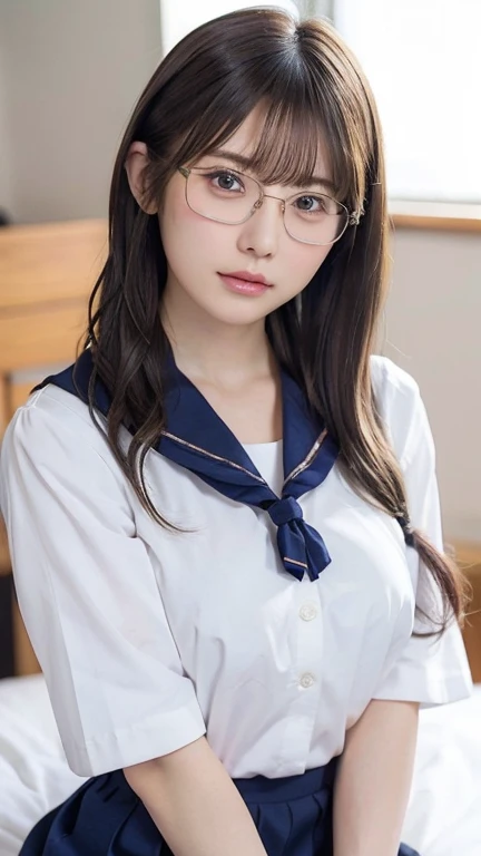 Sitting with legs crossed,1 girl, Very bright backlight,alone, {Beautiful and detailed}, (ベッドにLying写真), Very beautiful big (Huge breasts:1.5) And a small waist ((Press the chest)) ,Big Breasts,Calm expression, Natural soft light,, Delicate features, Blunt bangs, Beautiful Japanese Girl, 18-year-old, ((Seductive pose)), attractive figure,(Blonde), Light grain, Real Hands, masterpiece, highest quality, Realistic, Very detailed, In detail, High resolution,Beautiful Hair, Perfect dynamic composition, Beautiful and beautiful eyes, Japanese Idols,((I'm nervous and embarrassed)),Sharp focus, beauty mix, (Sailor suit:1.3),Movie Girl,Exhibitionism,Showing off,(short hair:1.5),(Curly Hair),(shameful),(Glasses),intellectual atmosphere,student,shirt,skirt,tie,Button open,glossy,sexy,Shyness,Lying,Lying down,(Hair tied up),(Health Room)