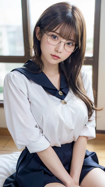Sitting with legs crossed,1 girl, Very bright backlight,alone, {Beautiful and detailed}, (ベッドにLying写真), Very beautiful big (Huge breasts:1.5) And a small waist ((Press the chest)) ,Big Breasts,Calm expression, Natural soft light,, Delicate features, Blunt bangs, Beautiful Japanese Girl, 18-year-old, ((Seductive pose)), attractive figure,(Blonde), Light grain, Real Hands, masterpiece, highest quality, Realistic, Very detailed, In detail, High resolution,Beautiful Hair, Perfect dynamic composition, Beautiful and beautiful eyes, Japanese Idols,((I'm nervous and embarrassed)),Sharp focus, beauty mix, (Sailor suit:1.3),Movie Girl,Exhibitionism,Showing off,(short hair:1.5),(Curly Hair),(shameful),(Glasses),intellectual atmosphere,student,shirt,skirt,tie,Button open,glossy,sexy,Shyness,Lying,Lying down,(Hair tied up),(Health Room)