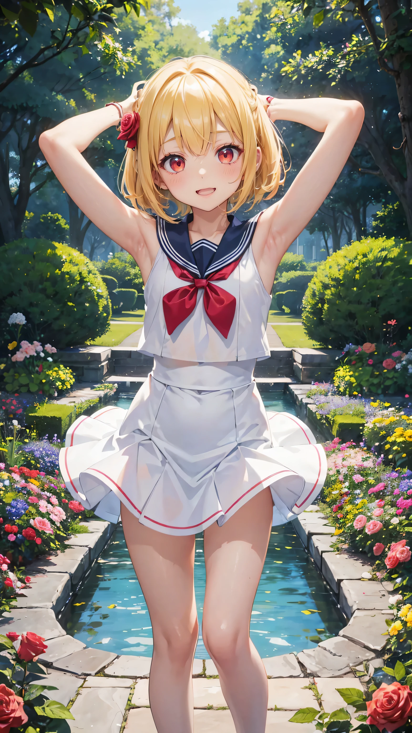 Sailor Uranus,One girl,Blonde,blue choker,Earrings,gloves,jewelry,Magical girl,plant,Sailor Uranus,Sailor Uranus,short hair,alone,star choker,tiara,((very short hair)),white gloves,masterpiece、Highest quality、High resolution、High-quality images、8K, 1 female、Skin luster、Skin Texture、Expression of fine eyes, realism, detailed manga style, Manga art style, Perfect Line Drawing, Beautiful line art, digital manga art girl, clear, charm, ((naked,:1.5)), ((squat:1.3)), ((spread legs:1.3)), Put your hands together above your head, Dutch Angle