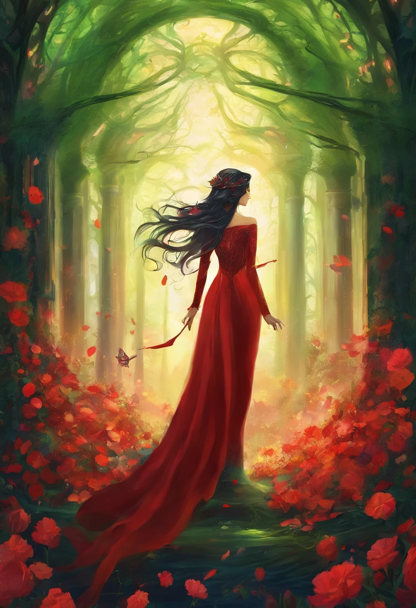 Garota de cabelos longos e soltos, verde escuro, pele clara, Red lips, diversos piercings nas orelhas, olhos verde escuro, vestido preto, colar delicado de lua crescente, unhas pretas, in a ballroom, with red and black lighting, com flores vermelhas e velas acessas.