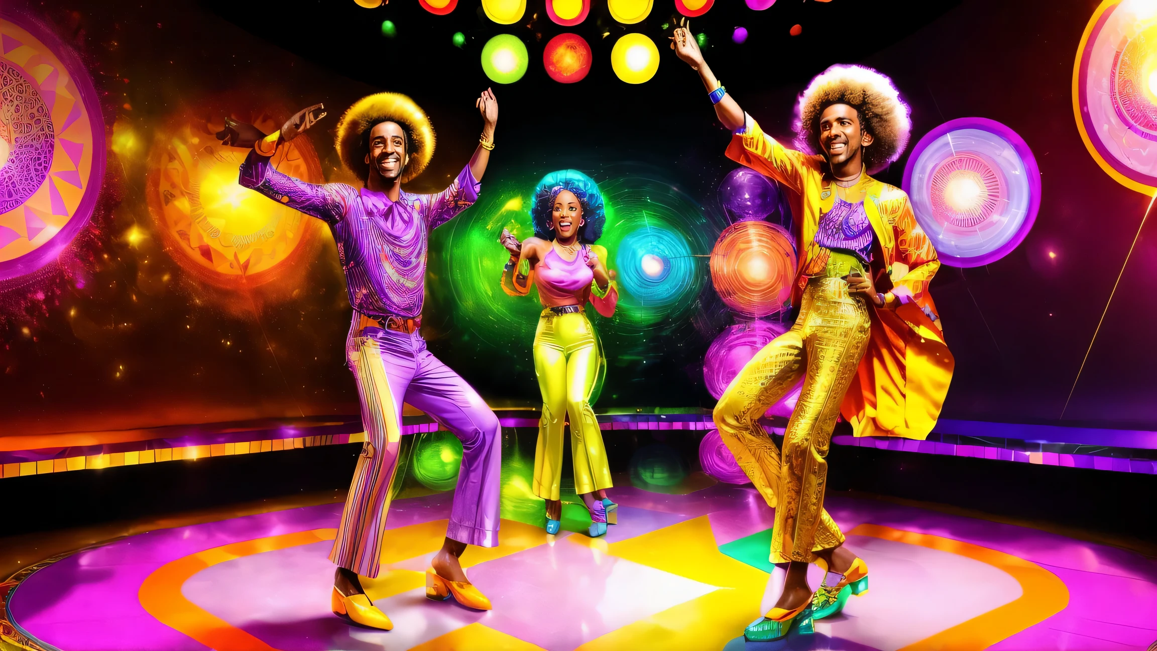 Funky illustration (60s Soul Disco), deep purple and orange gradation ,Geometric patterns (circles, triangles, wavy lines, etc.),Shiny materials (vinyl, satin, etc.),men and women dancing, Flashy clothing (bell bottoms, platform shoes, Afro hair, etc.),Cheerful and energetic look, big mirror ball, colorful lighting smoke, musical notes and records, funky and soulful, energetic and fun,60's vibe, Bright, vibrant colors (orange, yellow, green, purple, etc.),black and white contrast, shiny material, Soft materials like velor or satin, Large titles (e.g. "Soul Disco Party"),artist's signature