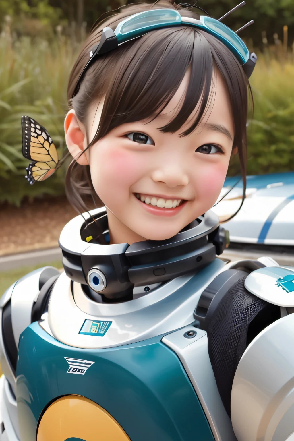 Ottrial、Girl and robot collaboration photo、comical、A butterfly lands on the robot&#39;s head、The girl who saw it laughed.
