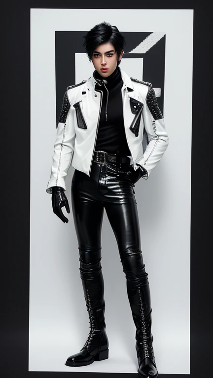 Final Fantasy-style graphics, young, Cute and cool Japanese boys, Thin eyebrows and big eyes, He is wearing a shiny white single-breasted leather jacket....。Biker style leather jacket、 with epaulettes, The jacket is zipped up, The jacket pockets are black., The jacket has a high stand-up collar with a belt, Also wearing a black turtleneck, black leather pants, Thin black leather gloves on both hands, Black leather knee-high lace-up boots, Show me your whole body from head to toe, Final Fantasy Style、((good looking))、((good looking))、((Clear eyes and nose))、((Shiny white single leather jacket))、((The jacket must be white))、((The jacket has epaulettes))、((Jacket has a high stand-up collar and belt))、((The jacket has a black pocket))、((Black turtleneck shirt))、((black leather pants))、((Always wear shiny black leather gloves on both hands))、(((The gloves are not fingerless))、((Black lace-up leather long boots))、((View full-body images from a distance))、Realistic image quality and texture、In a small cell、close your eyes、A kind smile、((The jacket is closed with a zipper))、((No exposed skin below the neck))、((Round face)、((Short Hairstyleedium build))、
