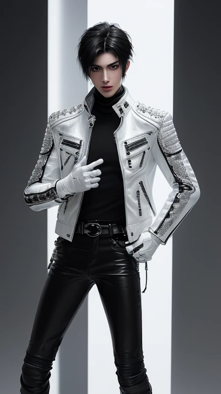 Final Fantasy-style graphics, young, Cute and cool Japanese boys, Thin eyebrows and big eyes,  He is wearing a shiny white single-breasted leather jacket....。Biker style leather jacket、 with epaulettes,  The jacket is zipped up, The jacket pockets are black., The jacket has a high stand-up collar with a belt, Also wearing a black turtleneck, black leather pants, Thin black leather gloves on both hands, Black leather knee-high lace-up boots, Show me your whole body from head to toe, Final Fantasy Style、((good looking))、((good looking))、((Clear eyes and nose))、((Shiny white single leather jacket))、((The jacket must be white))、((The jacket has epaulettes))、((Jacket has a high stand-up collar and belt))、((The jacket has a black pocket))、((Black turtleneck shirt))、((black leather pants))、((Always wear shiny black leather gloves on both hands))、(((The gloves are not fingerless))、((Black lace-up leather long boots))、((View full-body images from a distance))、Realistic image quality and texture、In a small cell、close your eyes、A kind smile、((The jacket is closed with a zipper))、((No exposed skin below the neck))、((Round face)、((Short Hairstyleedium build))、