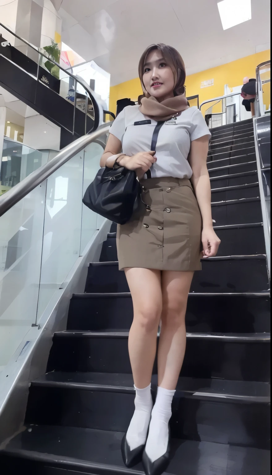 beautiful Indonesian detailed , long hair, white , gray skirt, mini skirt, short skirt, tight skirt, big thighs, big buttocks detailed, white socks, black shoes, carrying a school bag, standing on the escalator, about to go down, photo taken from the lower escalator, realistic, ultra HD, mall atmosphere, busy with mall visitors.