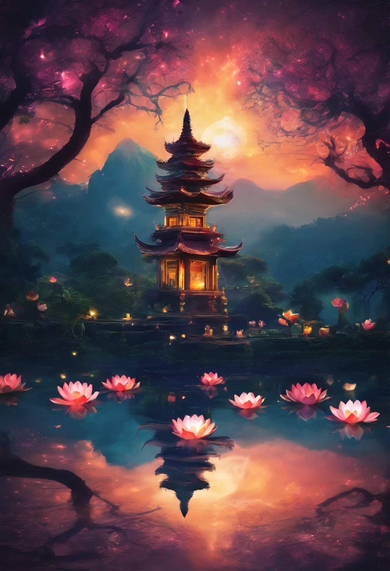 (masterpiece,Real photography,Simple composition:1.5),night,moonlight over lotus pond,Beautiful artistic conception,Realistic style,Magnificent atmosphere,Buddha's light,Current Ions