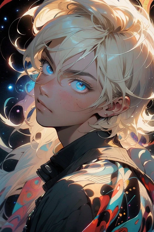 Realistic, (Masterpiece, Top Quality, Best Quality, Official Art, Beauty and Aesthetics: 1.2), Very Detailed, Fractal Art, Colorful, Most Detailed, Zentangle, (Abstract Background: 1.5) (1boy: 1.3), God, Blonde Hair, Short Hair, (Glowing Blue Eyes), Mysterious, (Magic), Starry Sky, Handsome Man, (((Lycoris radiata)))