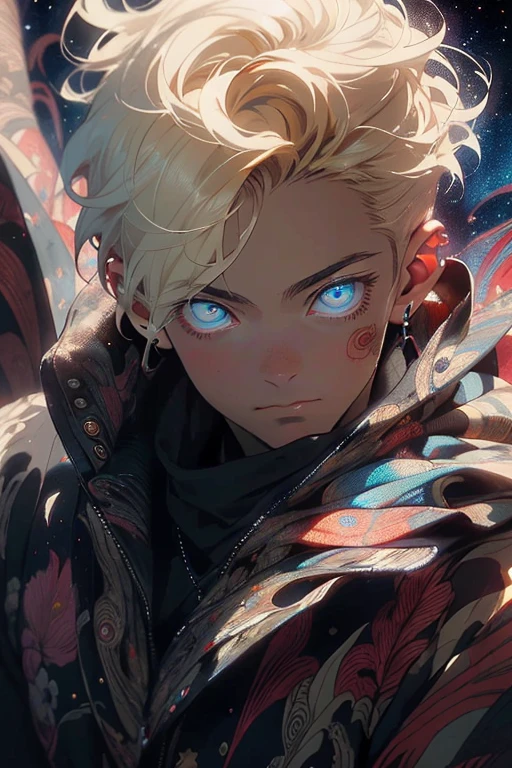 Realistic, (Masterpiece, Top Quality, Best Quality, Official Art, Beauty and Aesthetics: 1.2), Very Detailed, Fractal Art, Colorful, Most Detailed, Zentangle, (Abstract Background: 1.5) (1boy: 1.3), God, Blonde Hair, Short Hair, (Glowing Blue Eyes), Mysterious, (Magic), Starry Sky, Handsome Man, (((Lycoris radiata)))