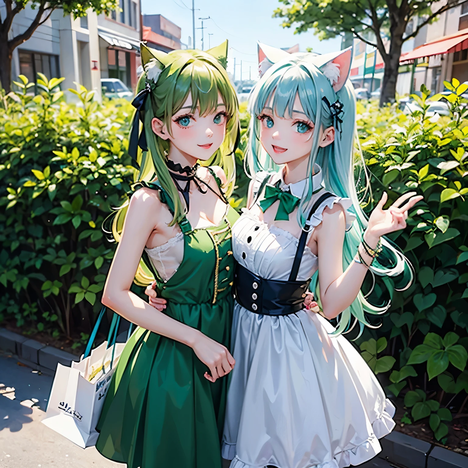 shopping、background super、Cat ears with a pale green ribbon、Pale green hair、pale green eyes、Pale green clothes、smile