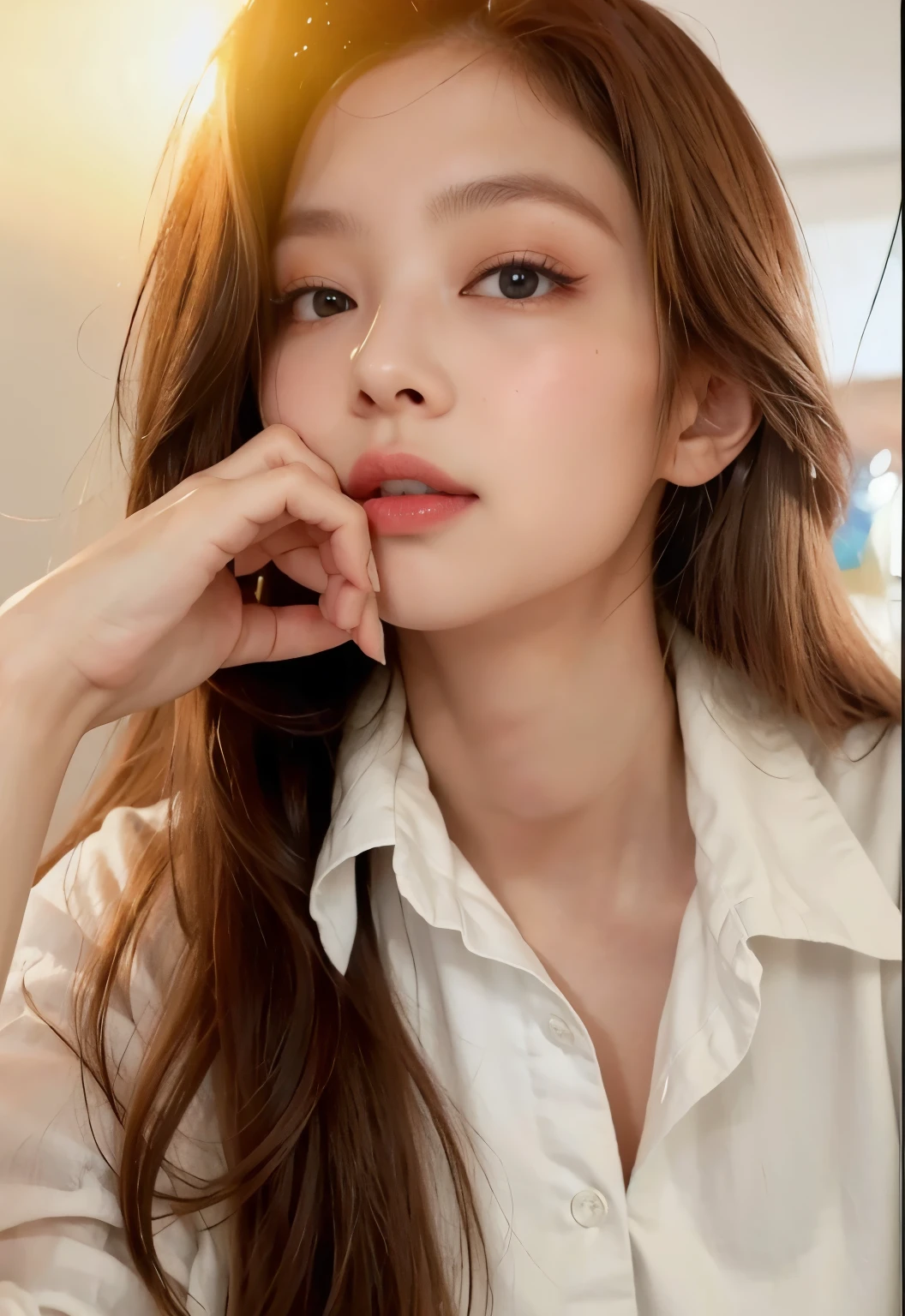 ((Best quality, 8k, Masterpiece :1.3)), Sharp focus :1.2, A pretty woman with perfect figure :1.4, Slender abs :1.2, ((Dark brown hair, Big breasts :1.2)), (White button up long shirt :1.1), City street:1.2, Highly detailed face and skin texture, Detailed eyes, Double eyelid