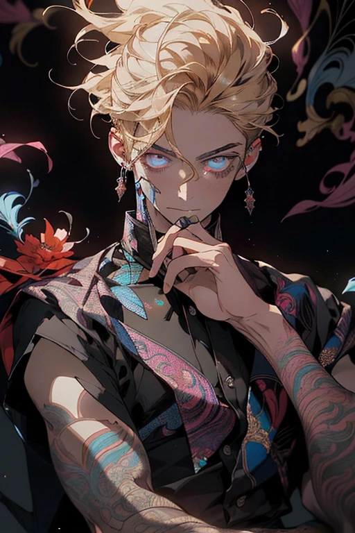 Realistic, (Masterpiece, Top Quality, Best Quality, Official Art, Beauty and Aesthetics: 1.2), Very Detailed, Fractal Art, Colorful, Most Detailed, Zentangle, (Abstract Background: 1.5) (1boy: 1.3), God, Blonde Hair, Short Hair, (Glowing Blue Eyes), Mysterious, (Magic), Starry Sky, Handsome Man, (((Lycoris radiata)))