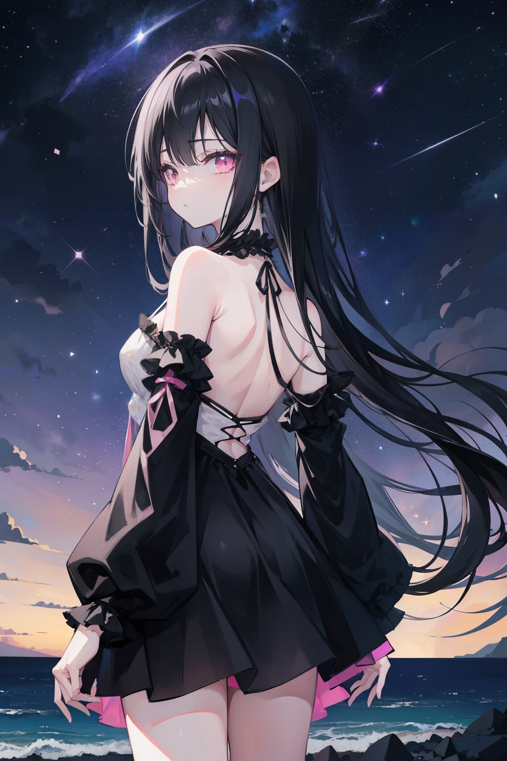 Anime girl, long black hair, pastel pink eyes, in a black dress, long sleeves and exposed shoulders, back facing the viewer,  dark night sky filled with stars and galaxies, dark environment, standing by the beach at night time, dark surroundings, 8k, high resolution, zoomed out