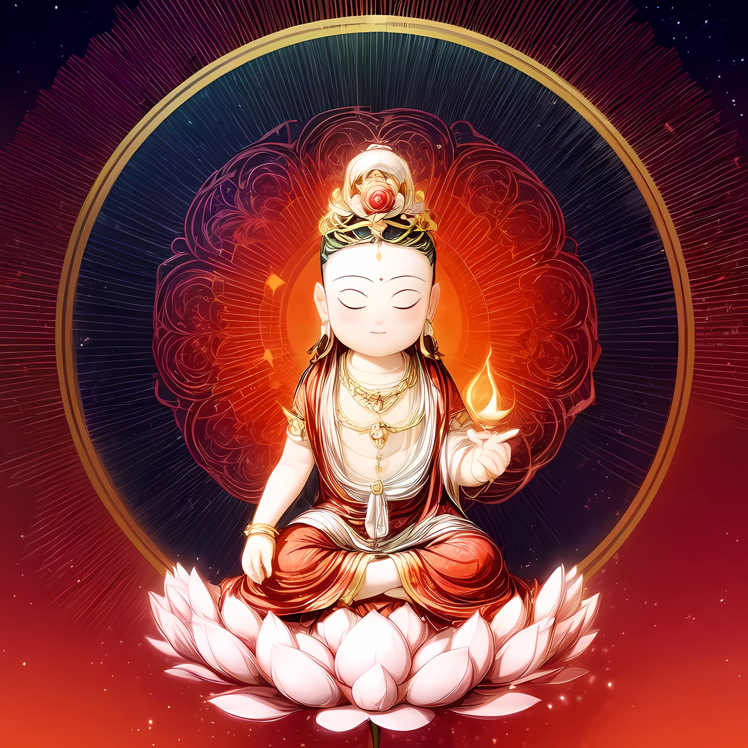 ((mantra and pusa,1boy)),orange theme,cloud,stars,starry sky,rainbow,night,sun,crown,necklace,circle,sitting on lotus,(red flower,red lotus),jewelry,bracelet,crescent moon,earrings,magic circle,flower,bird,clock,holding flower,