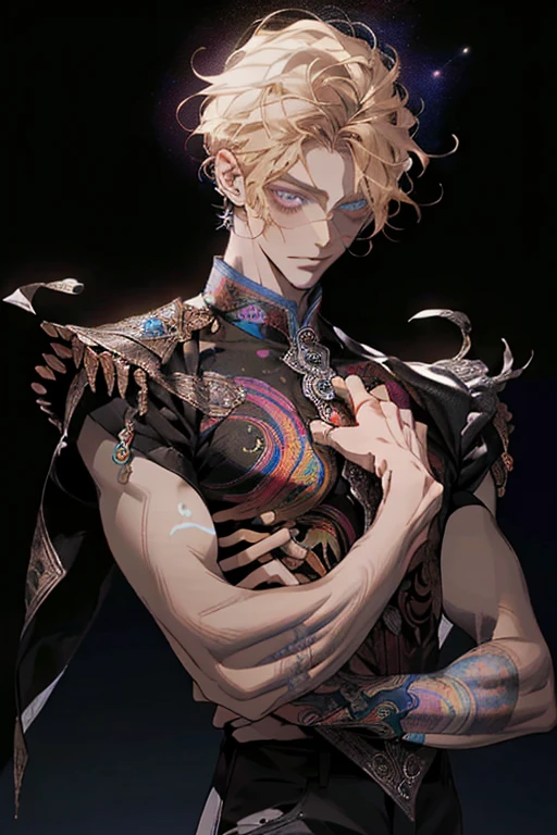 Realistic, (Masterpiece, Top Quality, Best Quality, Official Art, Beauty and Aesthetics: 1.2), Very Detailed, Fractal Art, Colorful, Most Detailed, Zentangle, (Abstract Background: 1.5) (1boy: 1.3), God, Blonde Hair, Short Hair, (Glowing Blue Eyes), Mysterious, (Magic), Starry Sky, Handsome Man, (((Lycoris radiata)))