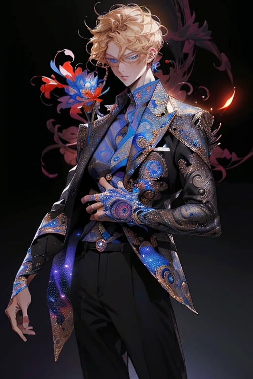 Realistic, (Masterpiece, Top Quality, Best Quality, Official Art, Beauty and Aesthetics: 1.2), Very Detailed, Fractal Art, Colorful, Most Detailed, Zentangle, (Abstract Background: 1.5) (1boy: 1.3), God, Blonde Hair, Short Hair, (Glowing Blue Eyes), Mysterious, (Magic), Starry Sky, Handsome Man, (((Lycoris radiata)))