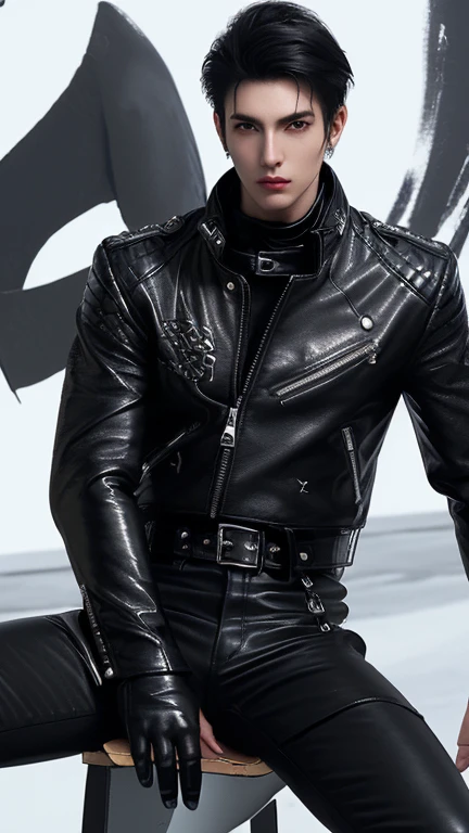 Final Fantasy-style graphics, young, Cute and cool Japanese boys, Thin eyebrows and big eyes,  He is wearing a shiny white single-breasted leather jacket....。Biker style leather jacket、 with epaulettes,  The jacket is zipped up, The jacket pockets are black., The jacket has a high stand-up collar with a belt, Also wearing a black turtleneck, black leather pants, Thin black leather gloves on both hands, Black leather knee-high lace-up boots, Show me your whole body from head to toe, Final Fantasy Style、((good looking))、((good looking))、((Clear eyes and nose))、((Shiny white single leather jacket))、((The jacket must be white))、((The jacket has epaulettes))、((Jacket has a high stand-up collar and belt))、((The jacket has a black pocket))、((Black turtleneck shirt))、((black leather pants))、((Always wear shiny black leather gloves on both hands))、(((The gloves are not fingerless))、((Black lace-up leather long boots))、((View full-body images from a distance))、Realistic image quality and texture、In a small cell、close your eyes、A kind smile、((The jacket is closed with a zipper))、((No exposed skin below the neck))、((Round face)、((Short Hairstyleedium build))、