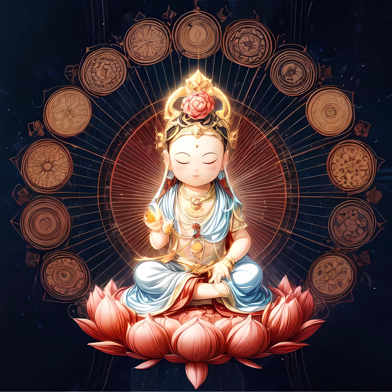 ((mantra and pusa,1boy)),orange theme,cloud,stars,starry sky,rainbow,night,sun,crown,necklace,circle,sitting on lotus,(red flower,red lotus),jewelry,bracelet,crescent moon,earrings,magic circle,flower,bird,clock,holding flower,