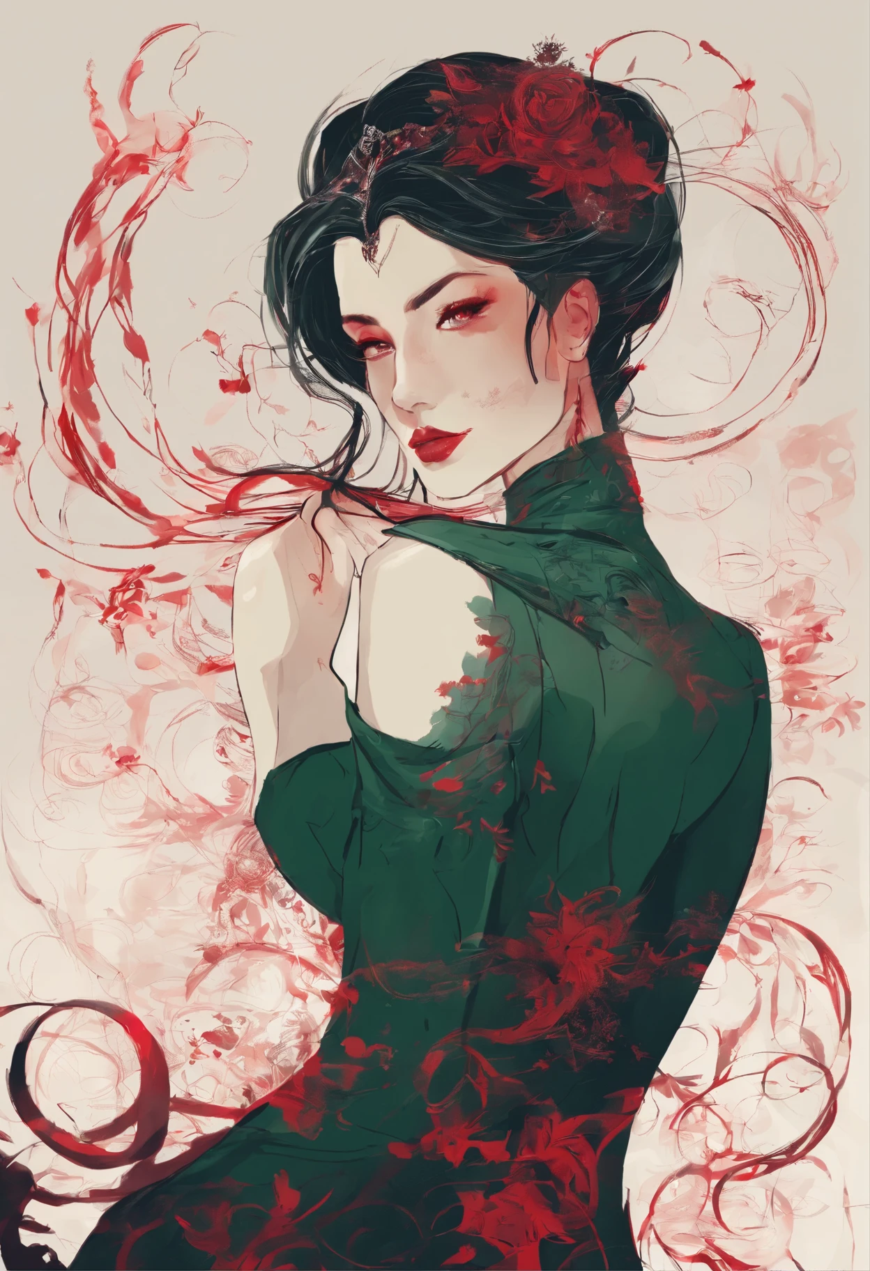 Garota de cabelos longos e soltos, verde escuro, pele clara, Red lips, diversos piercings nas orelhas, olhos verde escuro, vestido preto, colar delicado de lua crescente, unhas pretas, in a ballroom, with red and black lighting, com flores vermelhas e velas acessas.
