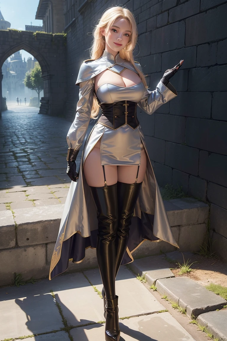 ((Show full body from head to toe, Standing perfectly, standing pose, Body facing to the viewer (Show front body, show center body)). Balance focused camera view, Centered camera view, middle camera view, vertical scape camera. Masterpiece, illustration:1.1, best quality, fine detail, perfect detail, 8K, Ultra HD, Ultra-clear portrait, big resolution, perfect lighting, bright lighting, perfect shadow, top quality, sharp focus. Fantasy, medieval, military. A Beautiful woman wearing military uniform with skirt, stockings and high heels. Big breast:1.7, round breast, tall body, fit body, Leg length, slender body, pale skin, bright skin, glowing skin, glowing face, bright face. blush cheeks, glossy lips, Smirking, smiling, looking at the camera. The background is outside a castle. clear sky, sunlight, daylight.
