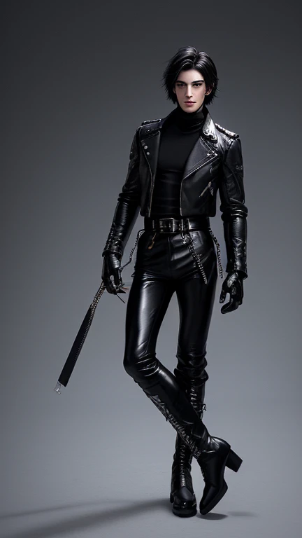 Final Fantasy-style graphics, young, Cute and cool Japanese boys, Thin eyebrows and big eyes, He is wearing a shiny white single-breasted leather jacket....。Biker style leather jacket、 with epaulettes, The jacket is zipped up, The jacket pockets are black., The jacket has a high stand-up collar with a belt, Also wearing a black turtleneck, black leather pants, Thin black leather gloves on both hands, Black leather knee-high lace-up boots, Show me your whole body from head to toe, Final Fantasy Style、((good looking))、((good looking))、((Clear eyes and nose))、((Shiny white single leather jacket))、((The jacket must be white))、((The jacket has epaulettes))、((Jacket has a high stand-up collar and belt))、((The jacket has a black pocket))、((Black turtleneck shirt))、((black leather pants))、((Always wear shiny black leather gloves on both hands))、(((The gloves are not fingerless))、((Black lace-up leather long boots))、((View full-body images from a distance))、Realistic image quality and texture、In a small cell、close your eyes、A kind smile、((The jacket is closed with a zipper))、((No exposed skin below the neck))、((Round face)、((Short Hairstyleedium build))、