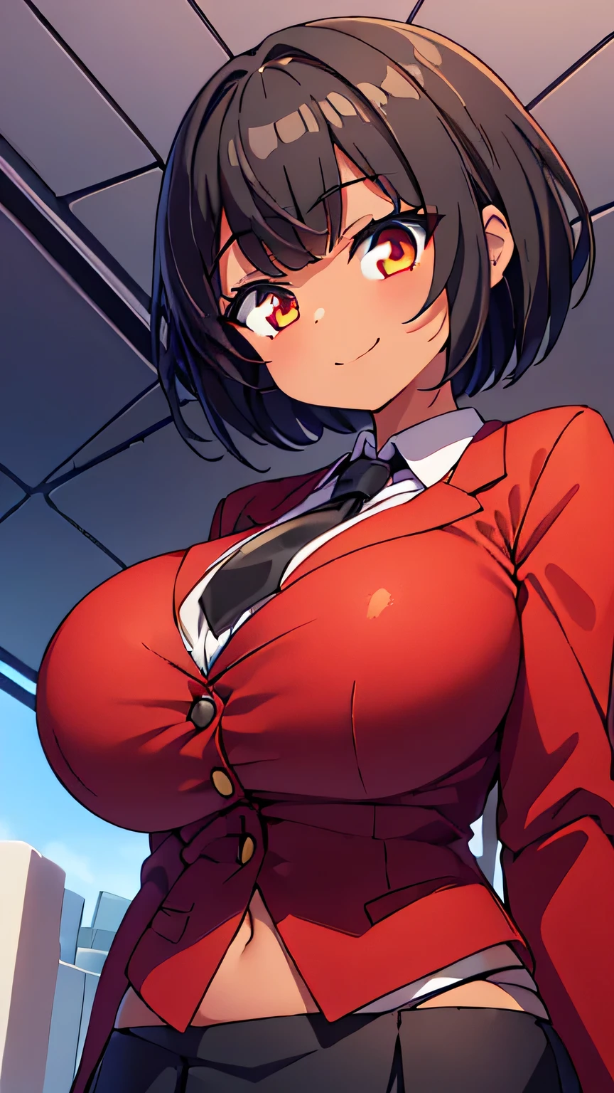 (upper body,from front),(1 girl,drooping eyes,smile,point at viewer,brown skin),(gigantic breasts:1.5),(short hair,black hair,clothed,red blazer,black miniskirt),dutch angle,close to viewer,in darkroom