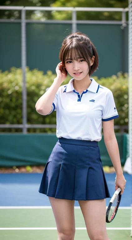 ((((Whole body 1.4)))),Body facing the viewer、Small breasts、Are standing,highest quality, 8k, 15-year-old student, Teen, RAW Photos, Absurd, Award-winning portraits, mouth, alone, night, neon, Idol&#39;Face, Viola Lace, Gardenia, Delicate girl, Digital single-lens reflex camera, Looking at the audience, Frank, Sophisticated, Zola々right, Thin arms, Professional Lighting, Film Grain, chromatic aberration, (Eye and facial details:1.0), (Bokeh:1.1) , ,short hair、Tennis player costume,mini skirt、Large skin area,Bare legs,Cute Girl&#39;s Room