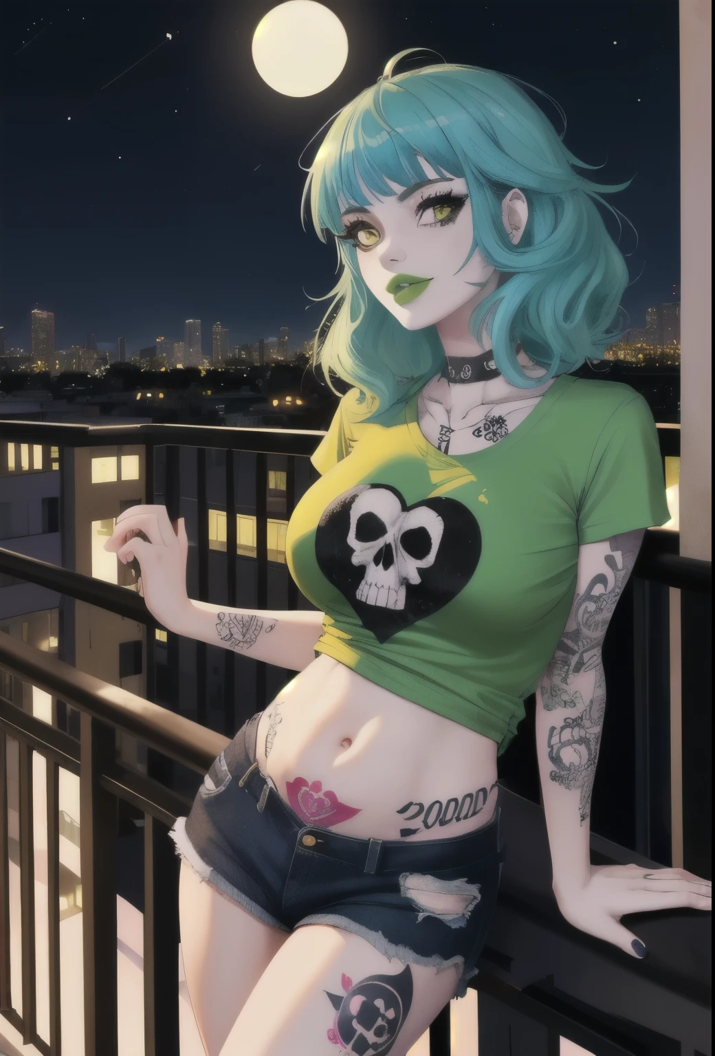 1girl, Holo-Punk Style, goth, excited, pale skin, smoky eyes, vivid colors, wild hairstyle, yellow and blue hair, green lips, hotel balcony at night, leaning over balcony, leaning, body view, huge breasts, womb tattoo, heart tattoo, ripped clothing, skull tshirt