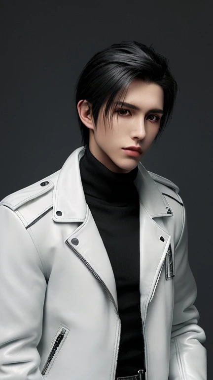 Final Fantasy-style graphics, young, Cute and cool Japanese boys, Thin eyebrows and big eyes,  He is wearing a shiny white single-breasted leather jacket....。Biker style leather jacket、 with epaulettes,  The jacket is zipped up, The jacket pockets are black., The jacket has a high stand-up collar with a belt, Also wearing a black turtleneck, black leather pants, Thin black leather gloves on both hands, Black leather knee-high lace-up boots, Show me your whole body from head to toe, Final Fantasy Style、((good looking))、((good looking))、((Clear eyes and nose))、((Shiny white single leather jacket))、((The jacket must be white))、((The jacket has epaulettes))、((Jacket has a high stand-up collar and belt))、((The jacket has a black pocket))、((Black turtleneck shirt))、((black leather pants))、((Always wear shiny black leather gloves on both hands))、(((The gloves are not fingerless))、((Black lace-up leather long boots))、((View full-body images from a distance))、Realistic image quality and texture、In a small cell、close your eyes、A kind smile、((The jacket is closed with a zipper))、((No exposed skin below the neck))、((Round face)、((Short Hairstyleedium build))、