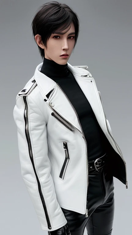 Final Fantasy-style graphics, young, Cute and cool Japanese boys, Thin eyebrows and big eyes, He is wearing a shiny white single-breasted leather jacket....。Biker style leather jacket、 with epaulettes, The jacket is zipped up, The jacket pockets are black., The jacket has a high stand-up collar with a belt, Also wearing a black turtleneck, black leather pants, Thin black leather gloves on both hands, Black leather knee-high lace-up boots, Show me your whole body from head to toe, Final Fantasy Style、((good looking))、((good looking))、((Clear eyes and nose))、((Shiny white single leather jacket))、((The jacket must be white))、((The jacket has epaulettes))、((Jacket has a high stand-up collar and belt))、((The jacket has a black pocket))、((Black turtleneck shirt))、((black leather pants))、((Always wear shiny black leather gloves on both hands))、(((The gloves are not fingerless))、((Black lace-up leather long boots))、((View full-body images from a distance))、Realistic image quality and texture、In a small cell、close your eyes、A kind smile、((The jacket is closed with a zipper))、((No exposed skin below the neck))、((Round face)、((Short Hairstyleedium build))、