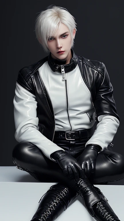Final Fantasy-style graphics, young, Cute and cool Japanese boys, Thin eyebrows and big eyes, He is wearing a shiny white single-breasted leather jacket....。Biker style leather jacket、 with epaulettes, The jacket is zipped up, The jacket pockets are black., The jacket has a high stand-up collar with a belt, Also wearing a black turtleneck, black leather pants, Thin black leather gloves on both hands, Black leather knee-high lace-up boots, Show me your whole body from head to toe, Final Fantasy Style、((good looking))、((good looking))、((Clear eyes and nose))、((Shiny white single leather jacket))、((The jacket must be white))、((The jacket has epaulettes))、((Jacket has a high stand-up collar and belt))、((The jacket has a black pocket))、((Black turtleneck shirt))、((black leather pants))、((Always wear shiny black leather gloves on both hands))、(((The gloves are not fingerless))、((Black lace-up leather long boots))、((View full-body images from a distance))、Realistic image quality and texture、In a small cell、close your eyes、A kind smile、((The jacket is closed with a zipper))、((No exposed skin below the neck))、((Round face)、((Short Hairstyleedium build))、