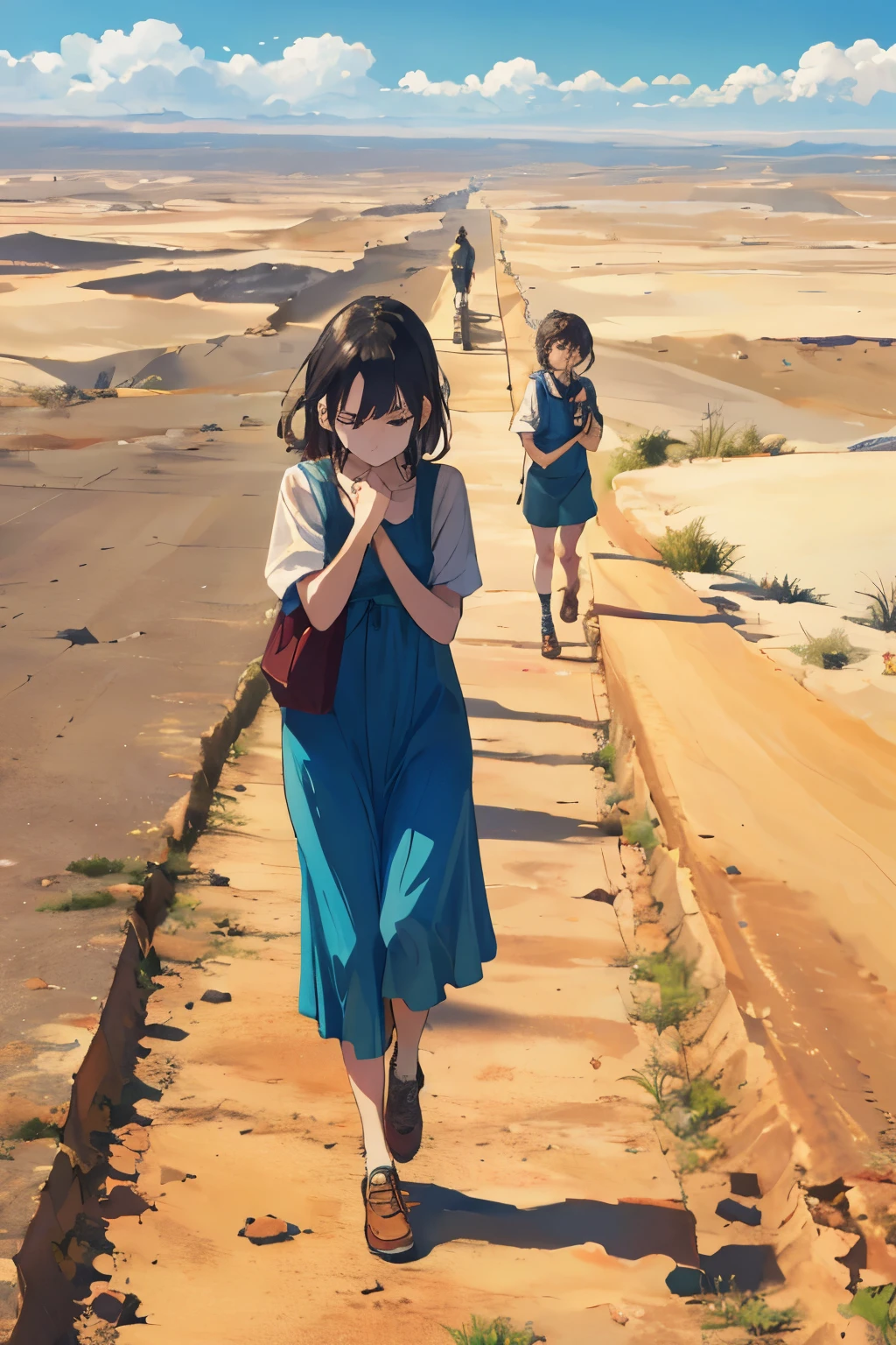 israelitas vestidos con tunicas caminando por el desierto, with expressions of tiredness and confusion on their faces.