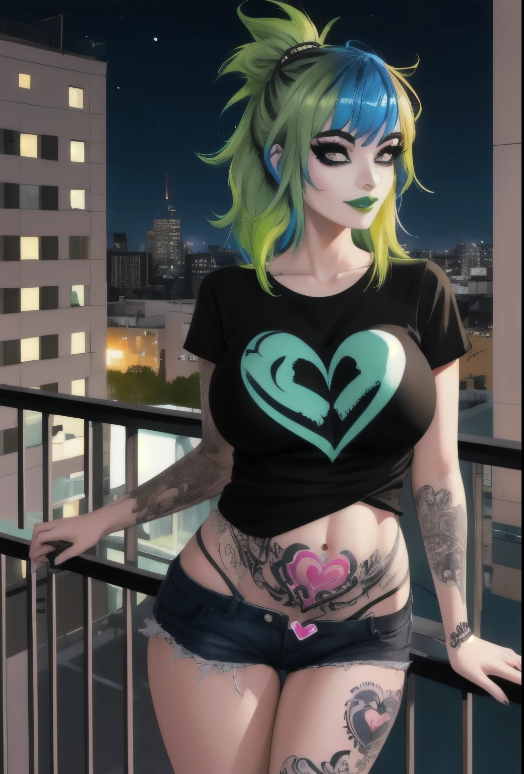 1girl, Holo-Punk Style, goth, excited, smoky eyes, vivid colors, wild hairstyle, yellow and blue hair, green lips, hotel balcony at night, leaning over balcony, leaning, body view, huge breasts, womb tattoo, heart tattoo, ripped clothing, skull tshirt